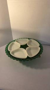 lot 1400 image: Green Glass Serving Tray with Ceramic Bowls and Wire Stand