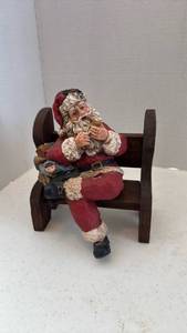lot 1600 image: Pecan shell Wood World collectibles sitting Santa on bench figurine e