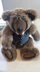 lot 1631 image: Calico and Sawdust Dressed Teddy Bear with Glasses and Vest Outfit 19 inches