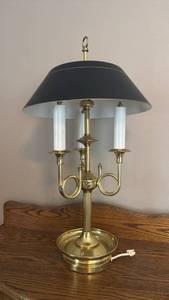 lot 1659 image: Brass Bouillotte Table Lamp with Shade cord needs repaired 26 inches tall