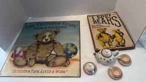 lot 1661 image: Teddy Bear Tea Set with Metal and wooden  Sign Collection