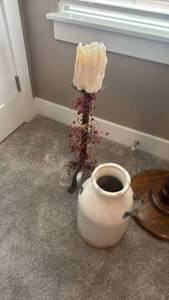 lot 1663 image: White Ceramic Milk Jug with Metal Handles and Decorative Candle 26 inches tall