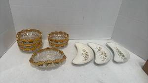 lot 1700 image: Maddock & Sons England Royal Semi-Porcelain floral bone dishes or butter pats and pressed glass bowls feature a starburst with gilded gold accents along the saw-tooth rims