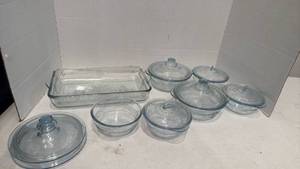 lot 1701 image: Anchor Hocking Fire King casserole dishes in the Sapphire Blue Philbe pattern with 2 extra lids