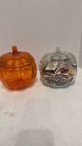 lot 1702 image: Glass Pumpkin Cookie Jar Set with Matchbook Collection