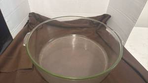 lot 1715 image: Large Clear Glass Round Baking Dish with Handles 18 inches in diameter 5 inches deep