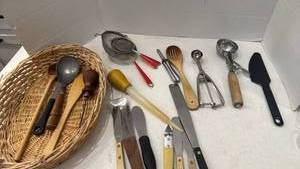 lot 1733 image: Mixed Kitchen Utensils Collection with Basket