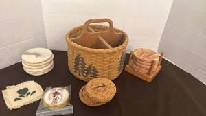 lot 1763 image: Handwoven Reed and wooden divided basket and coasters