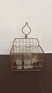 lot 1764 image: Wire Milk Bottle Carrier with Glass Bottles