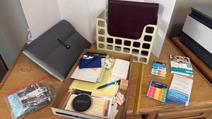 lot 1806 image: Office supplies, stickers, plastic bin and more