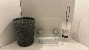 lot 1903 image: Small crocheted waste basket, shower caddy and toilet brush