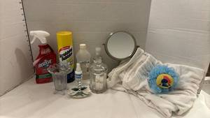 lot 1907 image: Shower wrap, mirror, cleaning and bathroom items