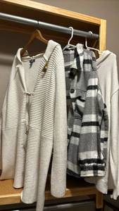 lot 1933 image: Two white sweaters - XL and a black and white flannel shirt - S