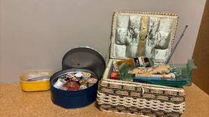 lot 1935 image: Sewing Basket  with Thread Spools and Notions and more