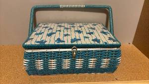 lot 1936 image: Wicker Sewing Basket with Butterfly Pattern Fabric and Supplies