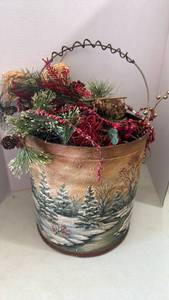 lot 2132 image: Painted bucket with decor 11 inches tall