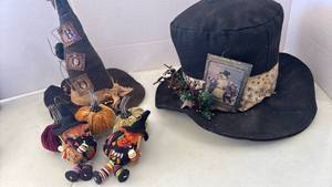 lot 2173 image: Halloween Decoration Bundle with Witch Hats and Folk Art Dolls