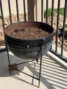 lot 3001 image: Cast iron cauldron with stand 24 x 22 x 22 in