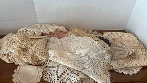 lot 1957 image: Collection of Handmade Crochet Doilies and Lace Linens