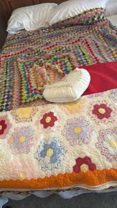 lot 1966 image: Quilt has some worn spots, patchwork start of quilt, heart pillow and table cloth