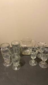 lot 1976 image: Glass dessert glasses and pitcher approx 8in