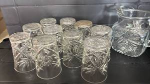 lot 2027 image: Pressed Glass Water Pitcher and Tumbler Set with Star Pattern