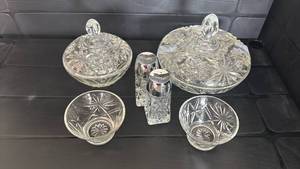lot 2028 image: Crystal Glass Vanity Set with Salt and Pepper Shakers and Candy Dishes