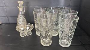 lot 2029 image: Cut Crystal Glass Drinkware Set with Decanter Salt and Pepper Shakers