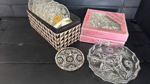 lot 2030 image: Pressed Glass Coaster Set with Star Pattern Design Coasters and Serving Dishes