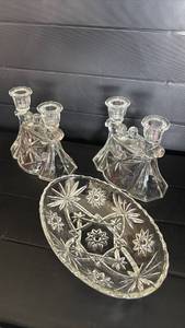 lot 2031 image: Cut Crystal Glass Candlestick Holders and Decorative Bowl Set