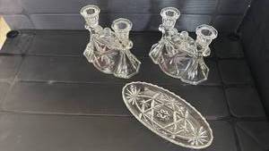 lot 2032 image: Cut Glass Candlesticks and Serving Dish Set