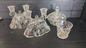 lot 2033 image: Crystal Cut Glass Tableware Set with Candlesticks and Covered Dish