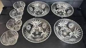 lot 2034 image: Crystal Cut Glass Dinnerware Set with Star and Floral Pattern Footed Bowls and Small Bowls