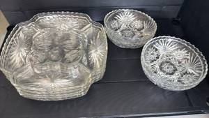 lot 2035 image: Crystal Cut Glass Serving Set with 5 Divided Compartment Trays for Deviled Eggs and 4 Bowls