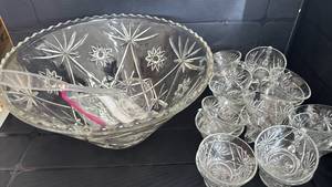 lot 2037 image: Crystal Cut Glass Punch Bowl Set with 18 Matching Cups  with Ladle and hooks