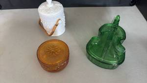 lot 2044 image: White Milk Glass with Handle, Amber Glass Bowl and Green Glass Violin