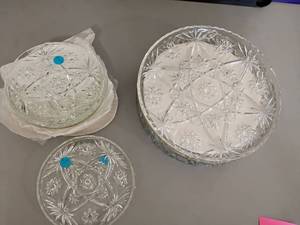 lot 2058 image: Crystal Cut Glass Plates and Relish Trays with Star of David Pattern