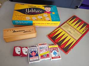 lot 2062 image: Yahtzee, Dominoes, Decks of Cards and Checker Board