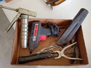 lot 2216 image: Various Tools.   Grease Gun, Craftsman Glue Gun, Hammer, Wedge and More