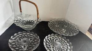 lot 2306 image: Fostoria American glass basket with reed handle and platters