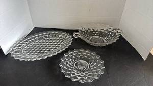 lot 2308 image: Fostoria American pattern clear pressed glass serving bowl, serving platter and salad plate