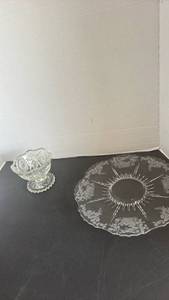 lot 2312 image: Early American Pressed Glass compote and clear glass cake plate features an etched Flower Basket design