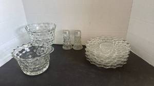 lot 2314 image: Anchor Hocking salt and pepper shakers, Fostoria American glass salad plates and more