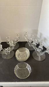 lot 2329 image: Glass candleholder sets and snack plates