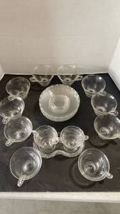 lot 2338 image: Fostoria Century Scroll teacups, saucers and sugar creamer on tray