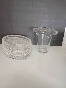 lot 2419 image: 14 Imperial Candlewick Beaded Edge Snack Plates and a Vase