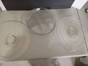lot 2420 image: Imperial Candlewick Beaded Edge Platters and Relish Plate.  Vary from 12in. to 15in
