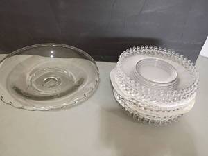 lot 2423 image: 15 Imperial Candlewick Beaded Edge 8in. Plates and a 11in. Serving Platter with Scalloped Edges