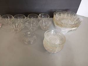 lot 2430 image: Clear Federal Glass Columbia Style. 7) Cups, 6) 8 12in. Bowls and 8) 5in. Bowls