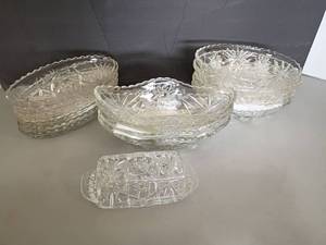 lot 2439 image: Prescut Depression Glass Star of David Oval Shaped Bowls and Butter Dish